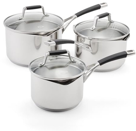 Stellar Flow 3 Piece Draining Saucepan Set - Stainless Steel Cookware Set with Vented Draining Lids, Easy-Pour Rims & Internal Measurement Guides – Includes 3 Draining Saucepans, 16cm, 18cm, 20cm