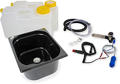 Wasseranlage Imbisswagen Verkaufsanhänger Campingküche 12v Bausatz Spüle dunkel 325x265x150 Barwig Schwarz/chrom Raumsparkanister 12L (ad-ideen)