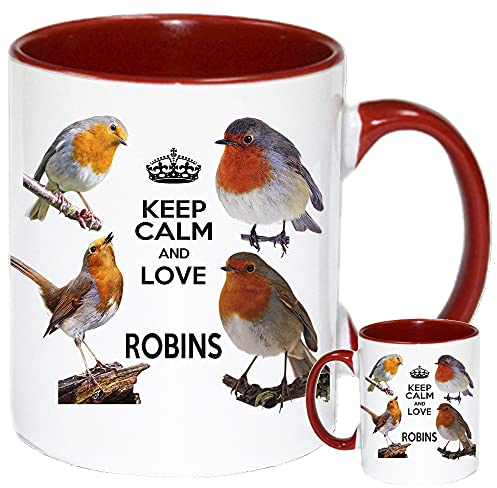 Robin Mug, Keep Calm and Love Robins Red Inner and red Handle. Robin Red Breast Gift Mug. 11oz Ceramic Mug for Robin Fans