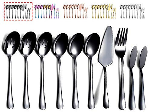 Kyraton Schwarze Besteck Servierset 10 Stück, Servierset bestehend aus 3 Servierlöffel, 3 geschlitzten Löffeln, 1 Serviergabel, 1 Tortenheber, 2 Buttermesserverteiler