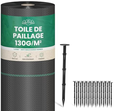 Lona de mantillo de 130 g/m² con sardinas de plástico – Geotextil anti repeler 50 x 1 m para jardín huerto – Lona antimaleza 130 g para huerto