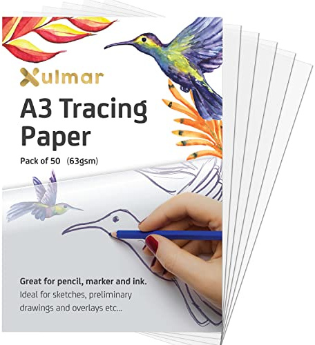 Xulmar Lot de 50 feuilles de papier calque A3 63 g/m² pour patrons de couture, superpositions de dessin et croquis sur papier d'art et carnet de croquis