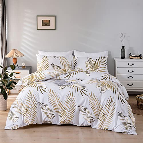 Feuille Palmier Tropical Imprimée 1 x Housse de Couette 220x240 cm + 2 Taies d'oreiller 50x75 cm pour 2 Personnes Enfant Adulte Linge Literie Réversible Parure Lit Fermeture Éclair Blanche Jaune