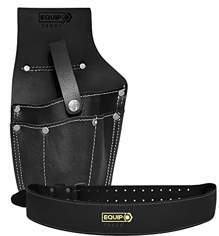 EQUIP TRADE PRO 100% Full Grain Leather Drill Holster & Trade Belt Set | Padded Foam Trade Belt & Drill Holder | Multiple Pockets for Tools & Bits | Trade Quality