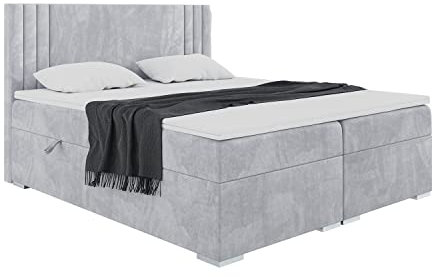 MEBLINI Boxspringbett mit Bettkasten - Gepolstert Doppelbett mit Matratze und Topper - Polsterbett mit Stauraum - Bett mit Kopfteil - Stauraumbett - MORANO - 120x200 - H4/Hellgrau Samt