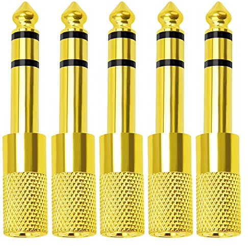 KUOQIY 5 Piezas Adaptador de Auriculare, Convertidor TRS de Audio Estéreo Jack 6.35mm Macho a 3.5mm Hembra, Audio Enchufe para Auriculares Micrófono, Chapado en Oro