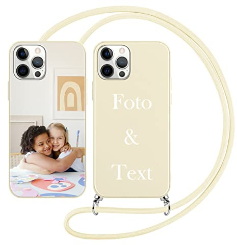 Yoedge Handykette Personalisierte Handyhülle für Apple iPhone 12 Pro Max Hülle mit Band Kordel 6,7,Selbst Gestalten mit Foto Bild Text Individuelle Schutzhülle Beige Cover für iPhone 12 Pro Max Case