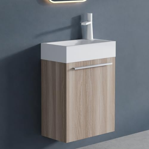 doporro Badmöbel-Set Waschbecken Unterschrank in Hell Eiche 46x26x63cm | Badezimmer-Set Waschplatz Waschbecken Waschtisch mit Unterschrank – platzsparend für Gäste-WC & kleine Bäder Pisa