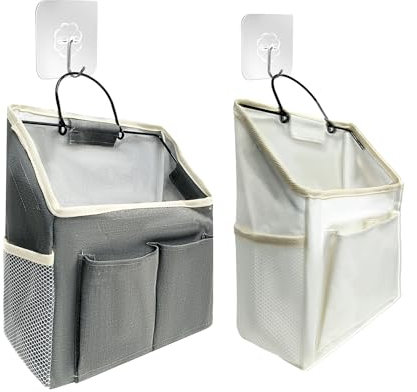 MEMOFYND 2 bolsas de almacenamiento colgantes con 2 ganchos para colgar en el baño, organizador de pared, organizador de baño para colgar, bolsas colgantes para almacenamiento de ropa (crema, gris)