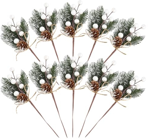 FSSTUD 10 pigne natalizie con rametti di bacche smerigliate, agrifoglio, per le vacanze, fiori artificiali innevati, per ghirlande fai da te, colore: bianco