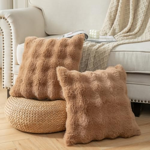 Yaertun 2er Set Braun dicken Woll Kissenbezug 40x40cm dekorative Kissenbezüge Sofakissen Dekokissen Wurfkissenbezug zierkissenbezug plüsch Kunstfell Kissenhülle Schlafzimmer Wohnzimmer