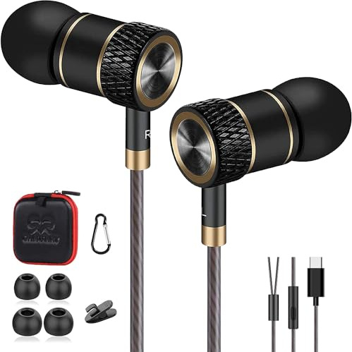 GAMURRY Écouteurs Haute Qualité Audio, USB Type C, écouteurs Intra-auriculaire Filaire,Ecouteur avec Micro et réduction du Bruit,Oreillette avec Son Surround Jack Noir et Or