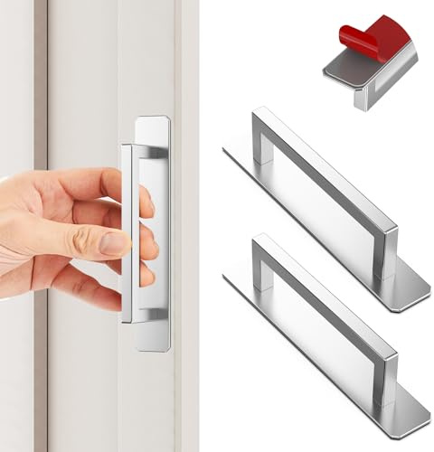 KIKISML 2 Stück Selbstklebende Möbelgriffe, Aluminium Schrankgriffe, Schubladengriffe, Ohne Bohren Griffe, Türgriff für Küchen/Balkontür/Schiebetür/Fenster (150mm Silber Quadrate)