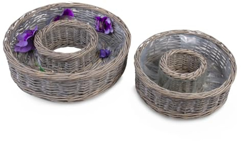Weide Pflanz-Ringe in grau als wetterfeste Pflanzschalen - 2 runde Pflanzkästen in 30, 38 cm als Blumen-Korb Pflanzkübel für außen - Große Pflanz-Körbe als Blumen-Schale oder Grab-Schmuck