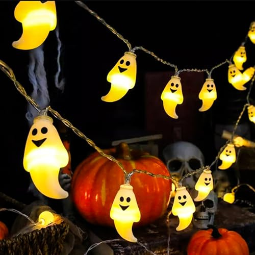 XVZ Halloween Lichterkette, 3m 20 LED Gespenst Lichterkette mit Timer, Herbst Deko Batteriebetrieben Lichterketten für Erntedankfest, Halloween Deko - Weißes Gespenst
