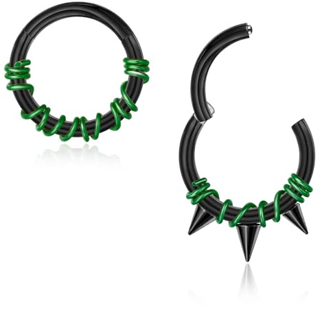 Lantine 2 Stück 16g Septum-Piercing Schwarz/Stahlfarbe Scharnier-Segment-Clicker Daith Piercing Chirurgenstahl Conch Tragus Rook 8mm 10mm
