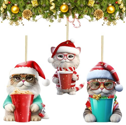 Larfraecy Decoración Navideña Gato 3PCS Adorno para Colgar en el árbol de Navidad,Divertido Lindo Gato acrílico de Navidad Decoración,Colgante Árbol de Navidad (Gato)