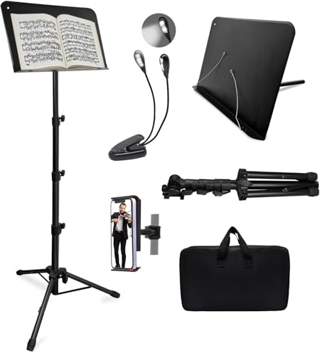 70 Sheet Music Stand with Light and Phone Holder, Music Stand for Sheet Music High Stability, Height Adjustable Portable Music Sheet Stand with Carrying Bag(33-70inch,Plate without hole)