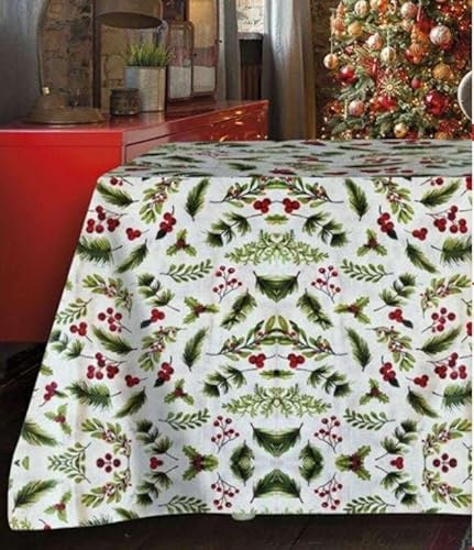 RICAMI FIORENTINI BALDI Tovaglia cotone VISCHIO. Tovaglia natalizia. Made in Italy (Ovale cm 160x240 con 12 tovaglioli)