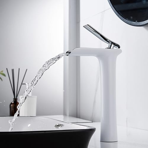 XJTNLB Waschtischarmatur Wasserfall Weiß Chrom Wasserhähne Bad Waschbecken Einhebelmischer Bad aus Messing-Hoch