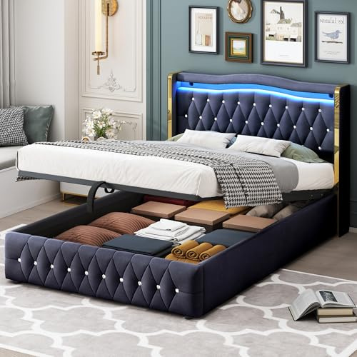 Huayz Polsterbett 140×200cm, Doppelbett,Teenagerbett Mit farbwechselnder LED-Beleuchtung, Mit Hydraulik zur Lagerung, Mit Hellen Rautenakzenten,Samtstoff,Ohne Matratze (Schwarz, 140×200cm)