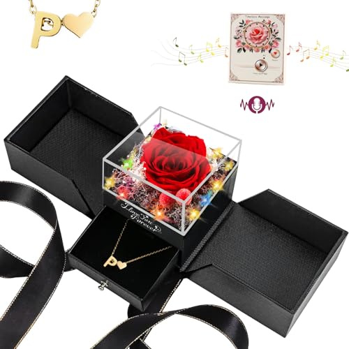 Preserved Forever Rose Initial Necklaces - Preserved Flowers Gifts Box with Heart Initial Necklace for Women Wife Girlfriend Couple Ladies Mother Her on Valentines Anniversary Mothers Day