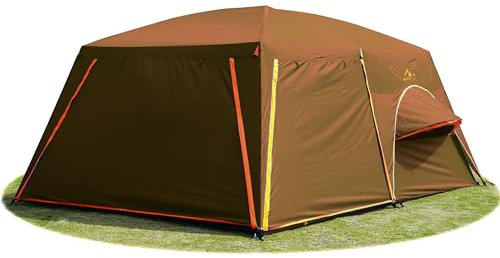 KTT Extra Large Tent 12 Person,Family Cabin Tents,Full Rainfly,2 Bay-Windows,2 Rooms and 3 Doors 3 Windows with Mesh,Waterproof,Straight Wall,Double Layer,Big Tent for Outdoor,Picnic,Camping(Brown)