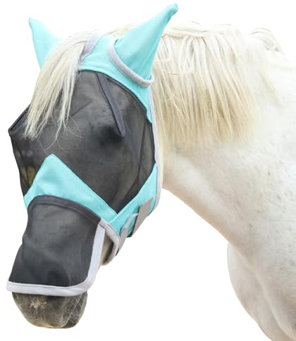 Gallopoff Fliegenmaske Pferd mit Nasen- & Ohrenschutz, UV-Schutz, Atmungsaktives Mesh, Reißfest, Weich Gepolstert, Verstellbar mit Klettverschluss Hellgrün Cob