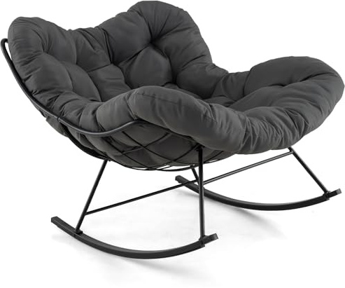 RELAX4LIFE Schaukelstuhl, Schwingsessel mit gepolstertem Kissen & Metallrahmen, Relaxstuhl bis 205 kg belastbar, Schaukelsessel Extra Groß für Garten, Schlafzimmer, Wohnzimmer, 110x95x94 cm (Grau)