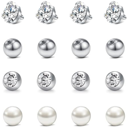 WillTen 16Pcs Innen Außengewinde Piercing Kugeln, 14G Piercing Kugeln Bauchnabelpiercing Obere Kugel, Innengewinde Kugeln Ersatz für Bauchnabel Brustwarze Zunge Piercing, Silber