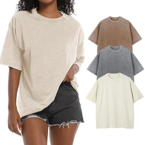 Oversized t-shirt för kvinnor rund hals kortärmade toppar casual lös basic sommar t-shirts skjortor blus, beige/kaffe/grå, M