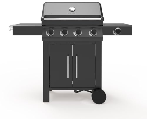 CREATE/BBQ GAS BURNER PRO/Barbacoa de gas con 4 quemadores y 1 lateral/Fácil encendido, gran superficie de cocinado, parrilla lateral, mesa auxiliar plegable, rejilla de calentamiento, 17kW