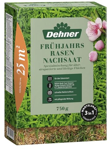 Dehner Saatgut Frühjahrs-Nachsaat, hochwertige Mantelsaat für dichten Rasen, schnell keimend/nährstoffreich/regenerierend, ideal zur Lückenschließung nach dem Winter, 750 g für ca. 25 m² | für dichten Rasen, schnell keimend / nährstoffreich / regenerierend, ideal zur Lückenschließung nach dem Winter