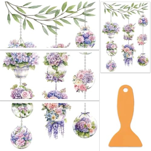 OLYCRAFT, Set da 3 pezzi di trasferimenti per sfregamento di ortensie per mobili e artigianato, adesivi per mobili a forma di cesto di fiori, 30x15 cm, adesivi viola per trasferimento con 1 raschietto