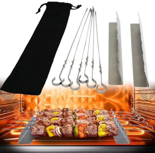 Lot de 6 brochettes et support pour barbecue en acier inoxydable avec support et brosse à huile, pour viande, légumes, fruits