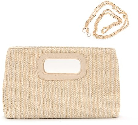 Long Keeper Straw Clutch Handbags - Women Top Handle Clutch Evening Bag Raffia Woven Summer Beach Purse Travel Crossbody Shoulder Bag with Chain