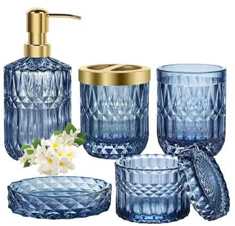Ensemble d'accessoires de salle de bain en verre bleu, ensemble d'accessoires de salle de bain 5 pièces, distributeur de savon pour lavabo de salle de bain, porte-brosse à dents doré, récipient à