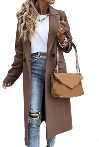 IDEALSANXUN Womens Long Wool Coats Fall Winter Notch Lapel Dressy Peacoat Jackets, Dark Khaki, Large