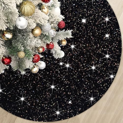 FUHSY 90 cm Weihnachtsbaumunterlage aus Samt mit Pailletten, schwarz, mit Glitzer Bestickt und mit Pailletten verziert, dekorative Baumröcke, Funkelnde Baumröcke für Halloween