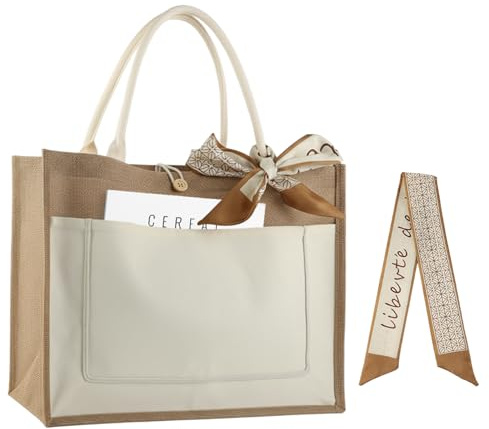 RoxNvm Borsa Portatile in Iuta Naturale, Borsa Juta Portatile con Foulard, Grande Borse Juta Portatile Riutilizzabile in Tela con Fodera Impermeabile, per Riporre Oggetti Vari Shopping Fai Da te (A)