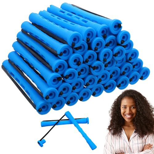 Classicseali 40pcs Perm Rollers, 0.35 x 3.23 Inch Small Perming Rods with Elastic Rubber Band, Cold Wave Perm Rollers for Short Long Hair Curling, Heatless DIY Hairdressing Tools, Blue