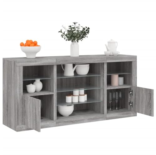 WRJENFSC Sideboard mit RGB LED Beleuchtung 142,5x37x67 cm Grau Sonoma Holzwerkstoff Glas Modernes Lowboard für Living Room Corridor Bedroom