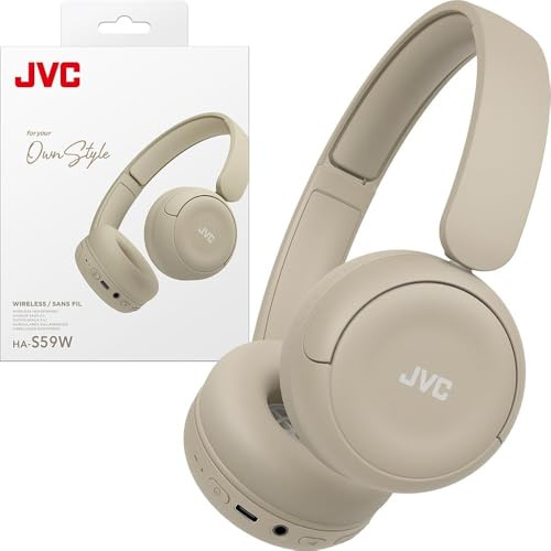 JVC Cuffie wireless HA-S59W-C con batteria da 50 ore, cuscinetti auricolari morbidi, design pieghevole, Bluetooth 5.3, Multipoint, app -EQ e microfono, Beige opaco