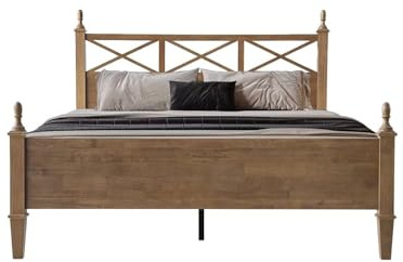 King Size Solid Wood Bed Frame, Platform Bed with Headboard & Footboard, 12 Heavy-Duty Slatted Base with Metal Legs, No Box Spring Needed, Noise-Free & Anti-Slip, Easy Assembly, Barnwood Finish RIK-30