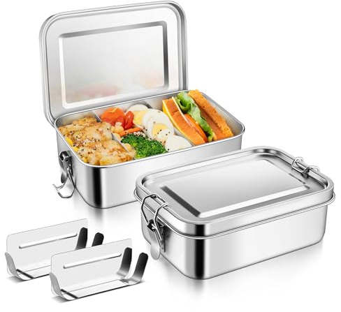 Joyfair 2 Stück Edelstahl Brotdose Lunchbox mit Fächern - 850ml+850ml | Bento Box für Erwachsene & Kinder, 2 Abnehmbar Fächern, Wiederverwendbar, Auslaufsicher & Spülmaschinenfest