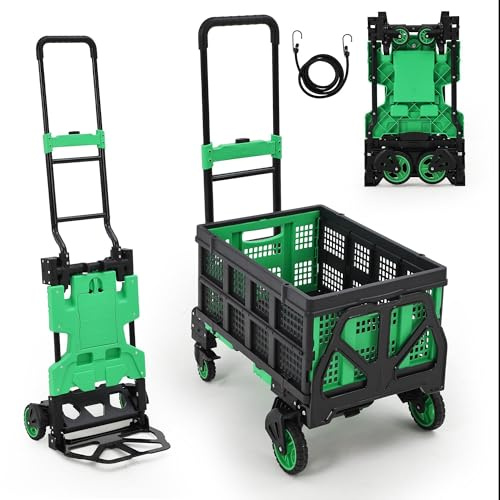 IDEALHOUSE 2-in-1 Folding Hand Truck,330LBS Capacity Handtruck with Foldable Basket,Bungee Rope,Rubber Wheels,Dolly Cart with Retractable Handle,Folding Hand Cart for Moving(Green)