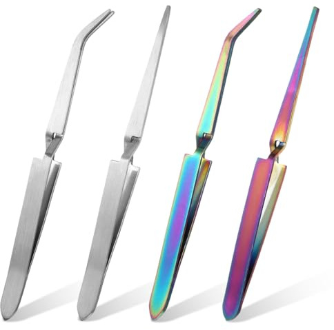 ElevateTech Juego de 4 pinzas inversas para manualidades, pinzas de precisión de acero inoxidable, con revestimiento doblado y recto para cuentas de manualidades