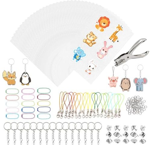 ZYNERY 191 Stück Schrumpffolie Set, 30 Blatt A5 Schrumpfpapier mit Locher, Schlüsselanhänger, Öffnungsringen, Broschen, Karabinerhaken und Kugelketten, DIY Bastelset für Kinder