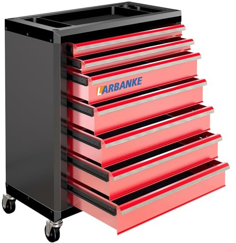 LARBANKE 7-Drawer Rolling Tool Chest with Lock&Drawer Lining,Tool Chest with Universal Lockable Wheels,with Multifunctional Countertop,Special Connect Rods for Connection with 5-Drawer Tool Cabinet