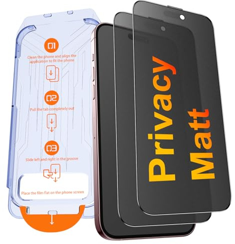 Kuteja Matt Panzerglas Sichtschutz für iPhone 15 [2 Stück], 9H Härte Anti Spähen Full Screen Matte Schutzfolie, Automatische Staubentfernung Folie, Anti-Fingerabdruck, Blendschutz